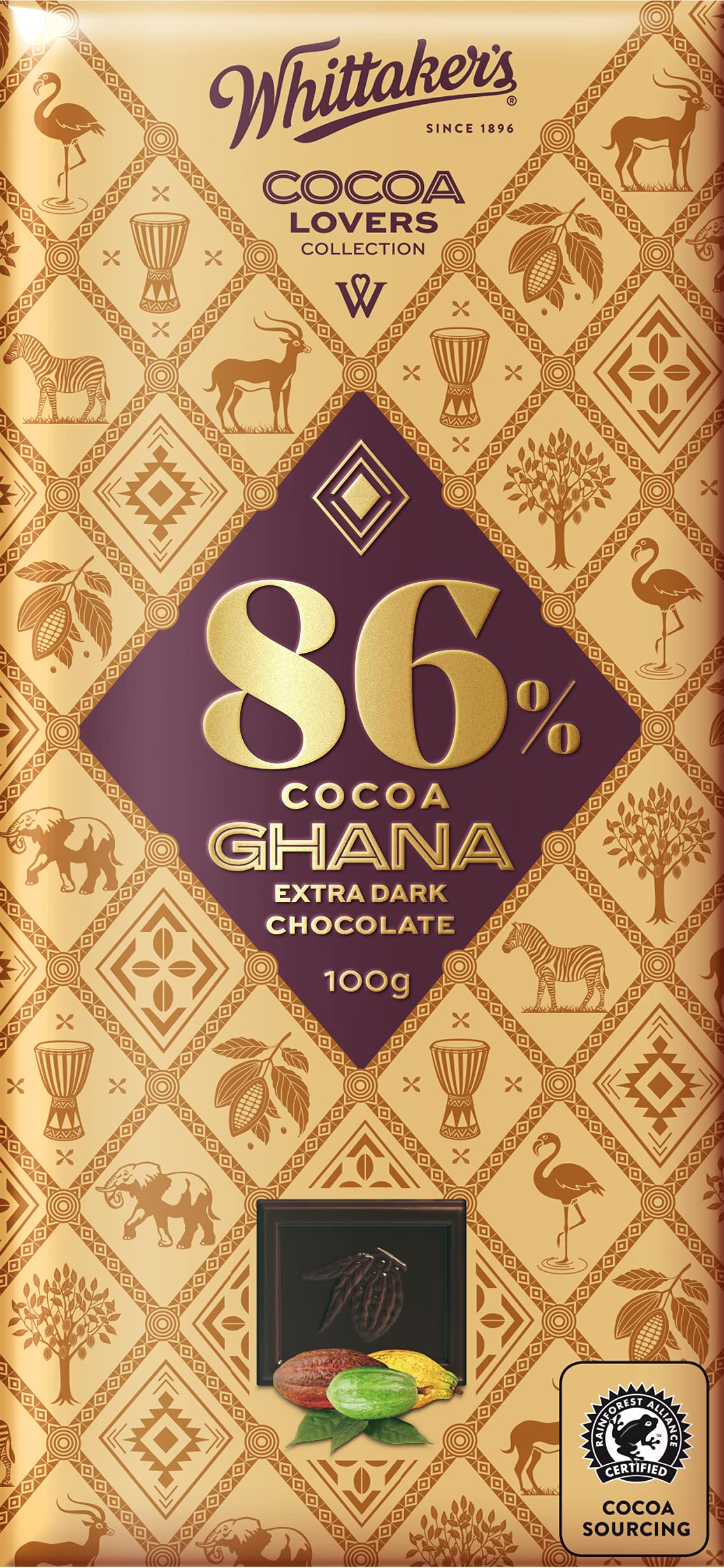 A packaged Whittaker's 86% cocoa Ghana extra dark chocolate bar, 100g, with design elements and text indicating its high cocoa content and imported premium quality.