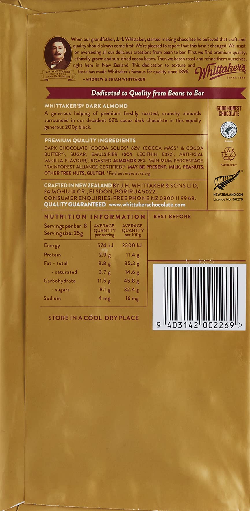 Whittaker's Dark Almond Block - 200g | Premium Imported Chocolate