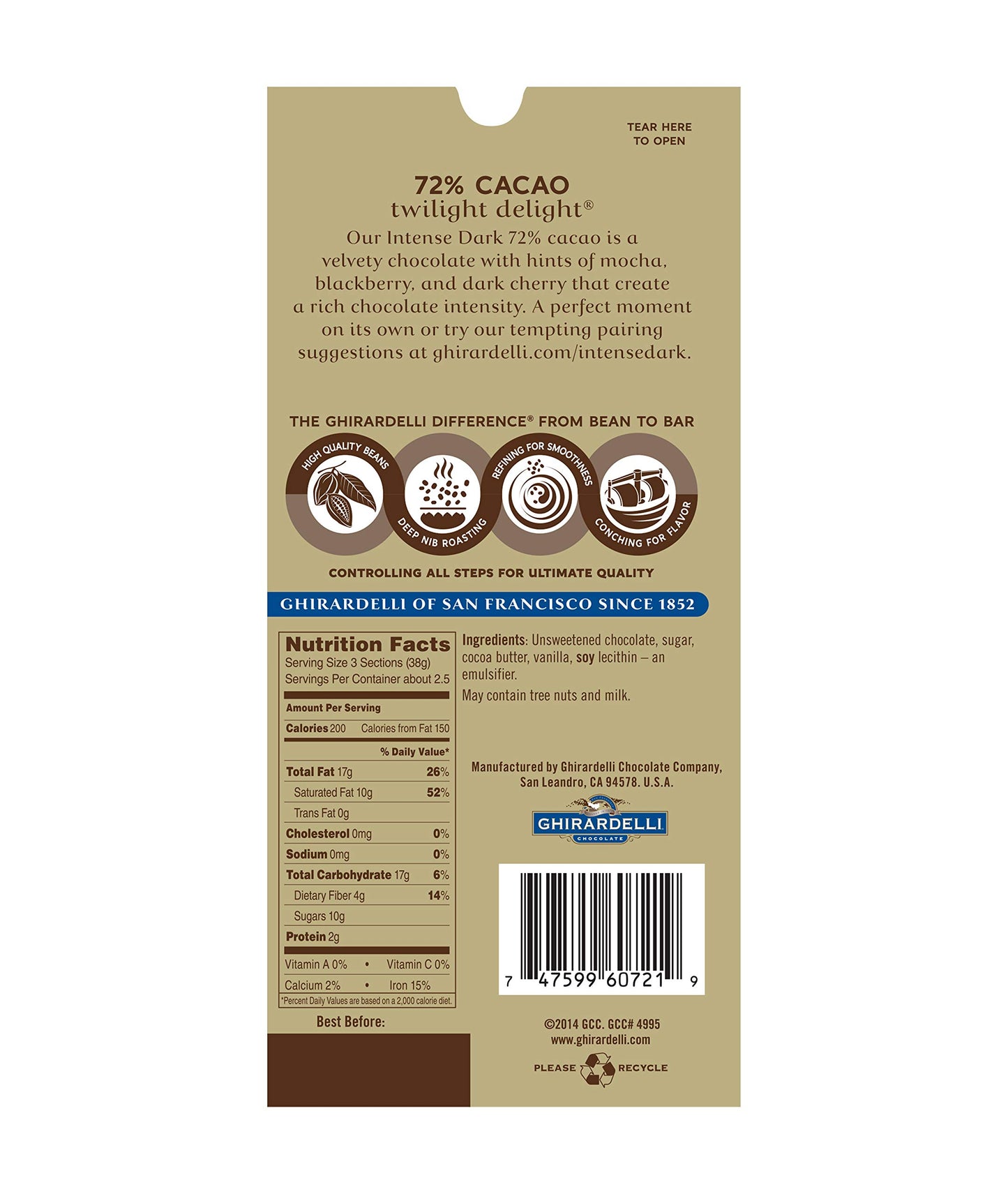 Ghirardelli Intense Dark 72% Cacao Twilight Delight Chocolate – 100g Imported