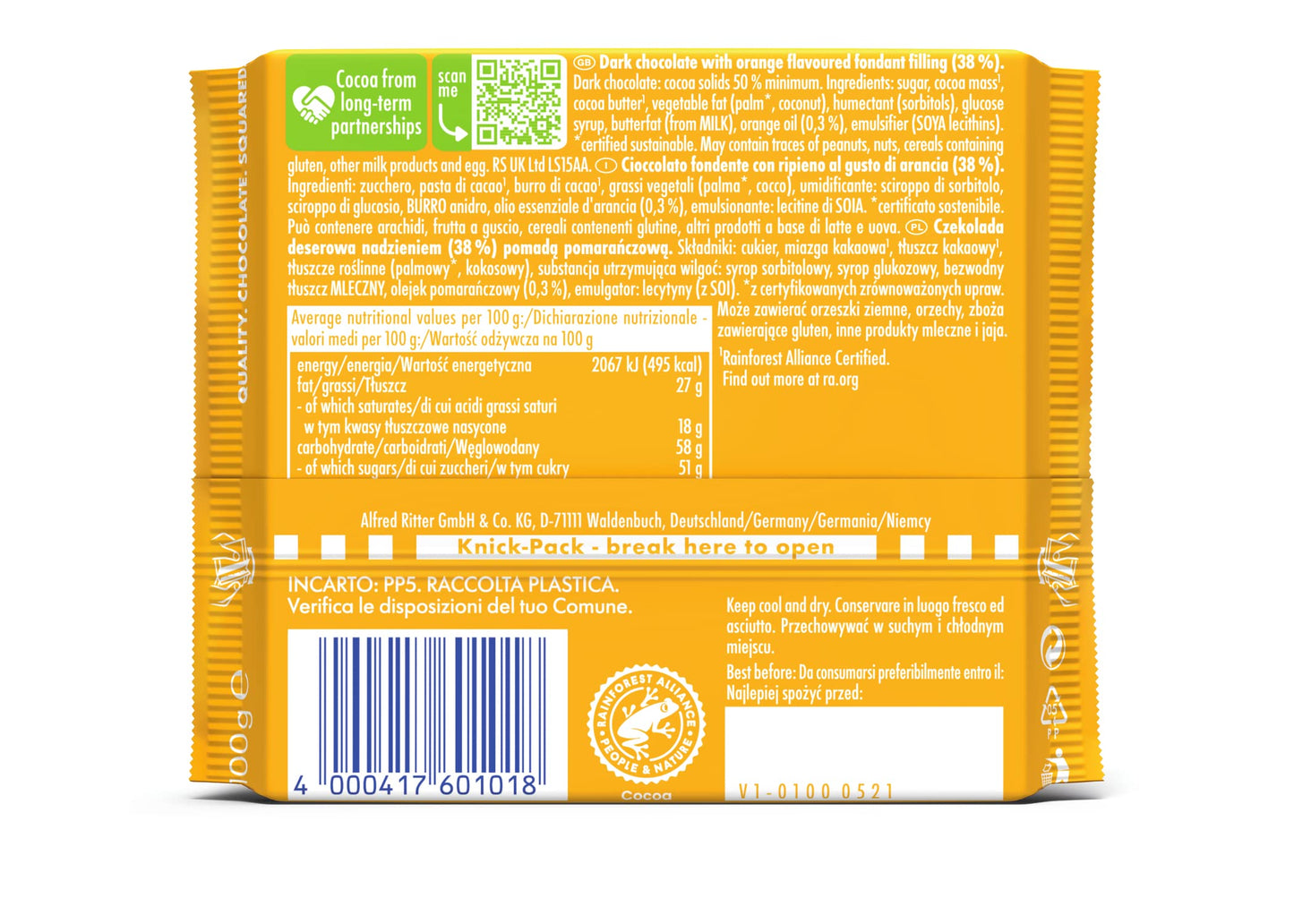 Ritter Sport Orange Dark Chocolate – 100g | Imported Delight