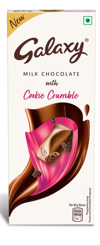A pack of GALAXY Milk Chocolate with Cookie Crumble, 96g, with a pink and silver color scheme.