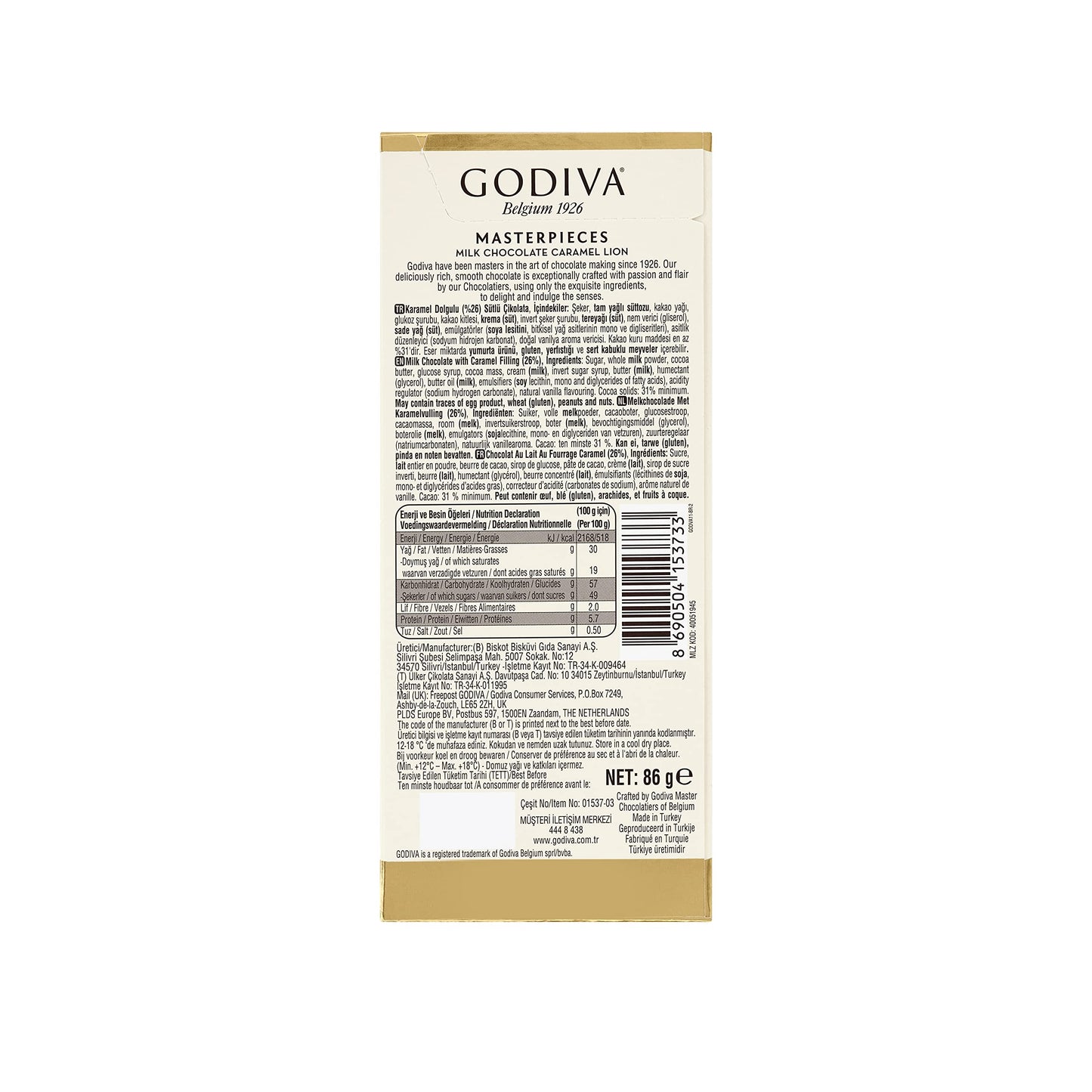 Godiva Masterpiece Caramel Lion Of Belgium Milk Chocolate – 86g | Imported