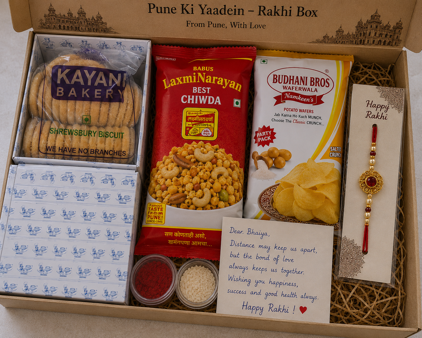 Pune Ki Yaadein – Rakhi Gift Box with Shrewsbury Cookies & Pune Snacks