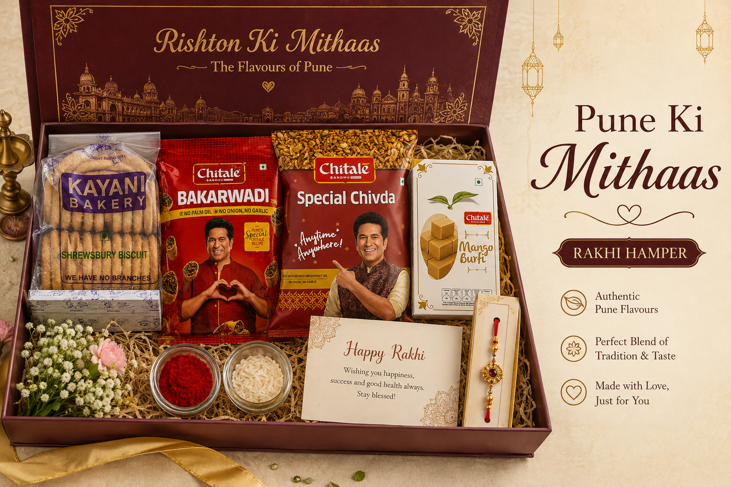 Pune Ki Mithaas – Rakhi Gift Box with Chitale Sweets & Shrewsbury Cookies