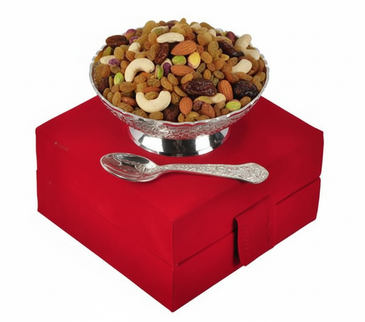 Luxury Panchmwea Diwali Hamper in German Silver Bowl Set with Velvet Box- 250g