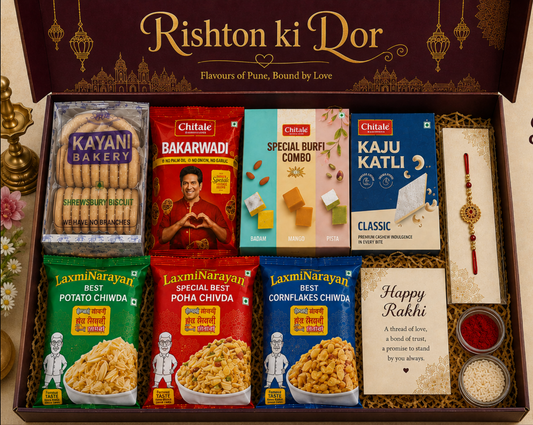 Rishto Ki Dor – Premium Rakhi Gift Box with Pune Sweets & Snacks