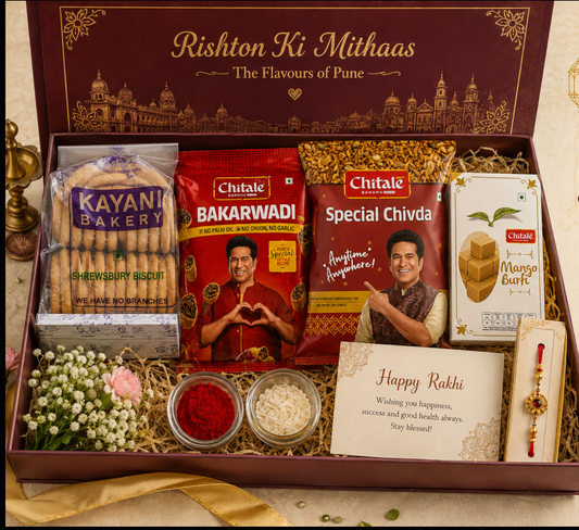 Pune Ki Mithaas – Rakhi Gift Box with Chitale Sweets & Shrewsbury Cookies