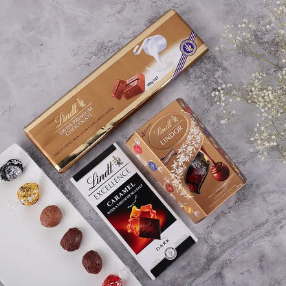 Lindt Premium Rakhi Hamper – Swiss Hazelnut, Assorted Truffles & Caramel