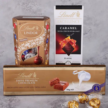 Lindt Premium Rakhi Hamper – Swiss Hazelnut, Assorted Truffles & Caramel
