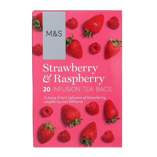 M&S Strawberry & Raspberry tea packaging with strawberries on a pink background