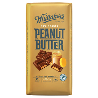 Whittaker's Peanut Butter Chocolate Bar - 33% Cocoa, Rich & Creamy, 220g | Imported