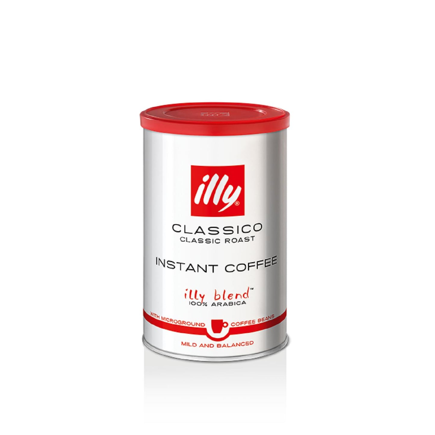 A can of ILLY Instant Coffee with a red lid, white body, and label that reads 'Classico Instant Coffee' and '100% Arabica'.