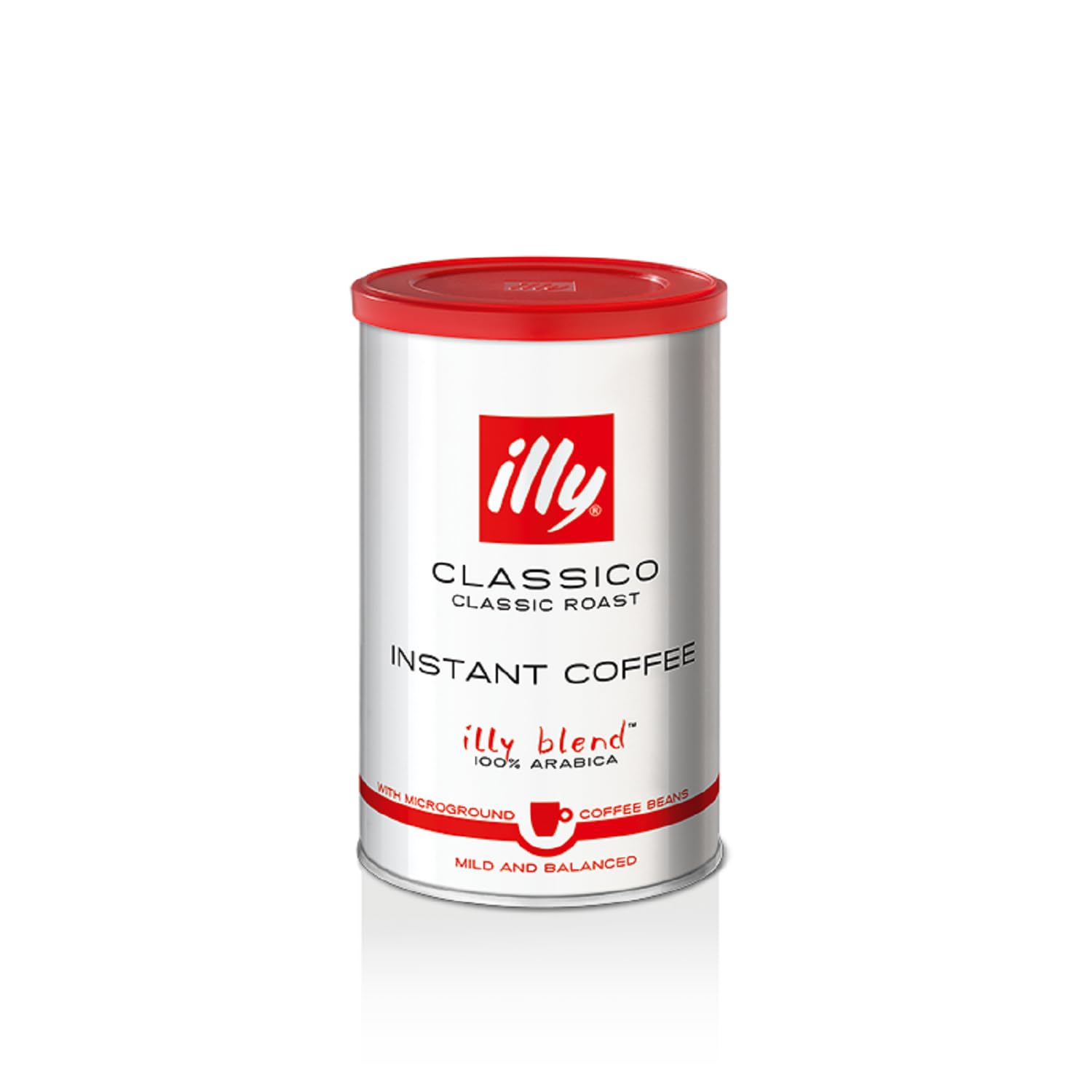 A can of ILLY Instant Coffee with a red lid, white body, and label that reads 'Classico Instant Coffee' and '100% Arabica'.