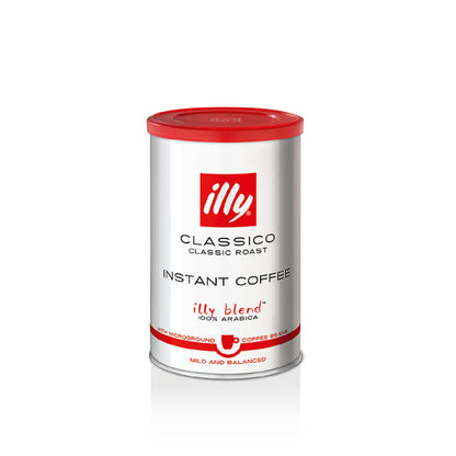 A can of ILLY Instant Coffee with a red lid, white body, and label that reads 'Classico Instant Coffee' and '100% Arabica'.