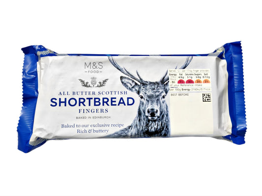 Packaging of Marks & Spencer All Butter Scottish Shortbread Fingers showing the product name, weight of 210g, and an image of a deer which possibly indicates the Scottish origin.