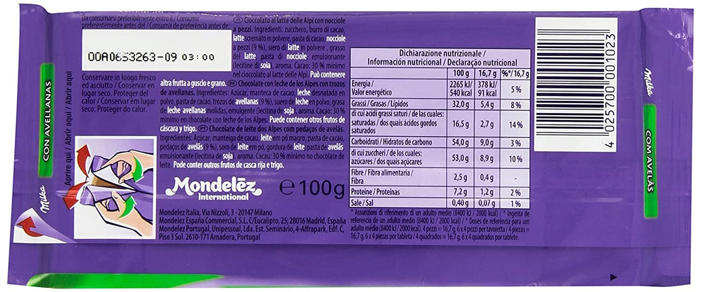 Milka Hazelnut Milk Chocolate Bar – 100g | Imported Swiss Delight