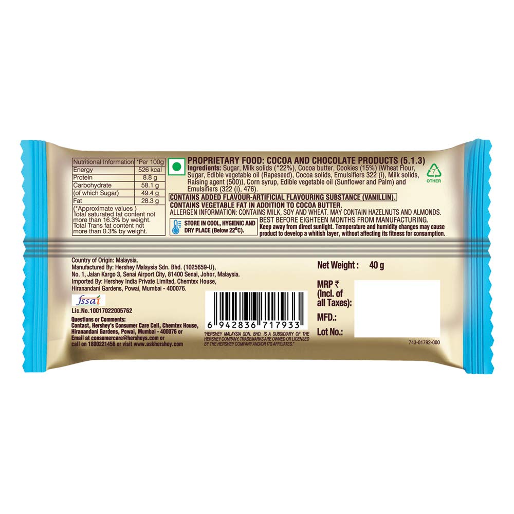 HERSHEY'S Cookies 'N' Creme Bar – 40g (pack 0f 4) | Imported