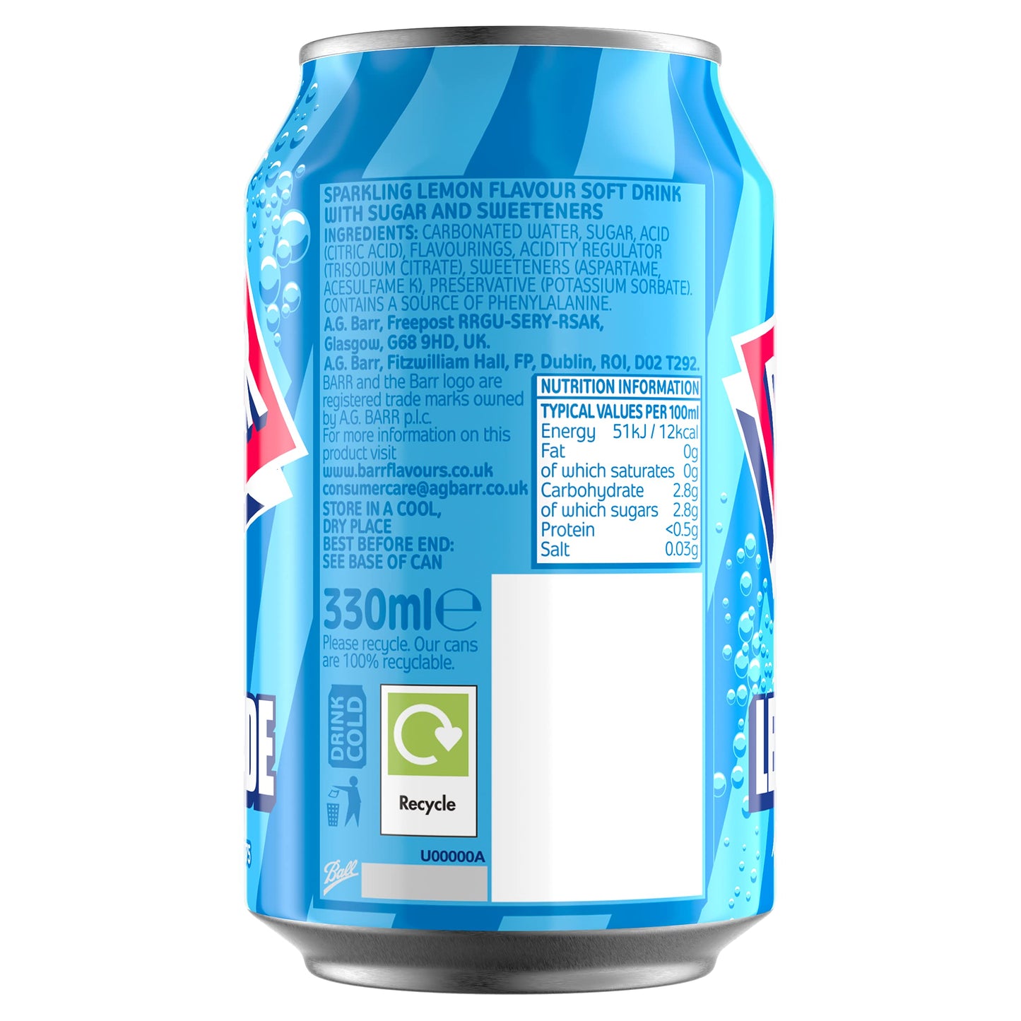 BARR Perfect Lemonade Lemon Flavoured ZERO sugar Drink – 330ml Can | Imported UK