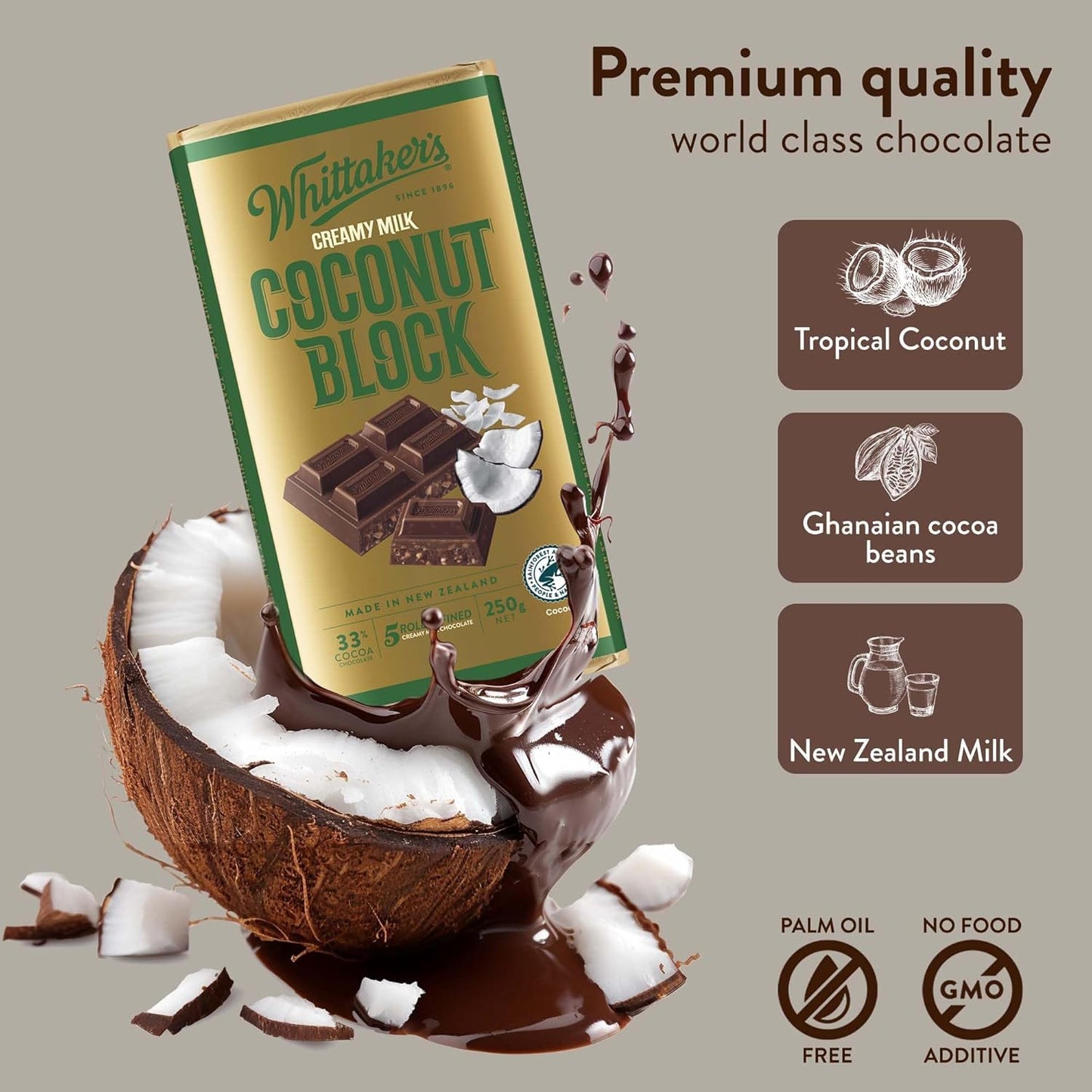 Whittaker’s Milk Chocolate Block – Coconut Block 33% Cacao 200g | Imported Premium Chocolate
