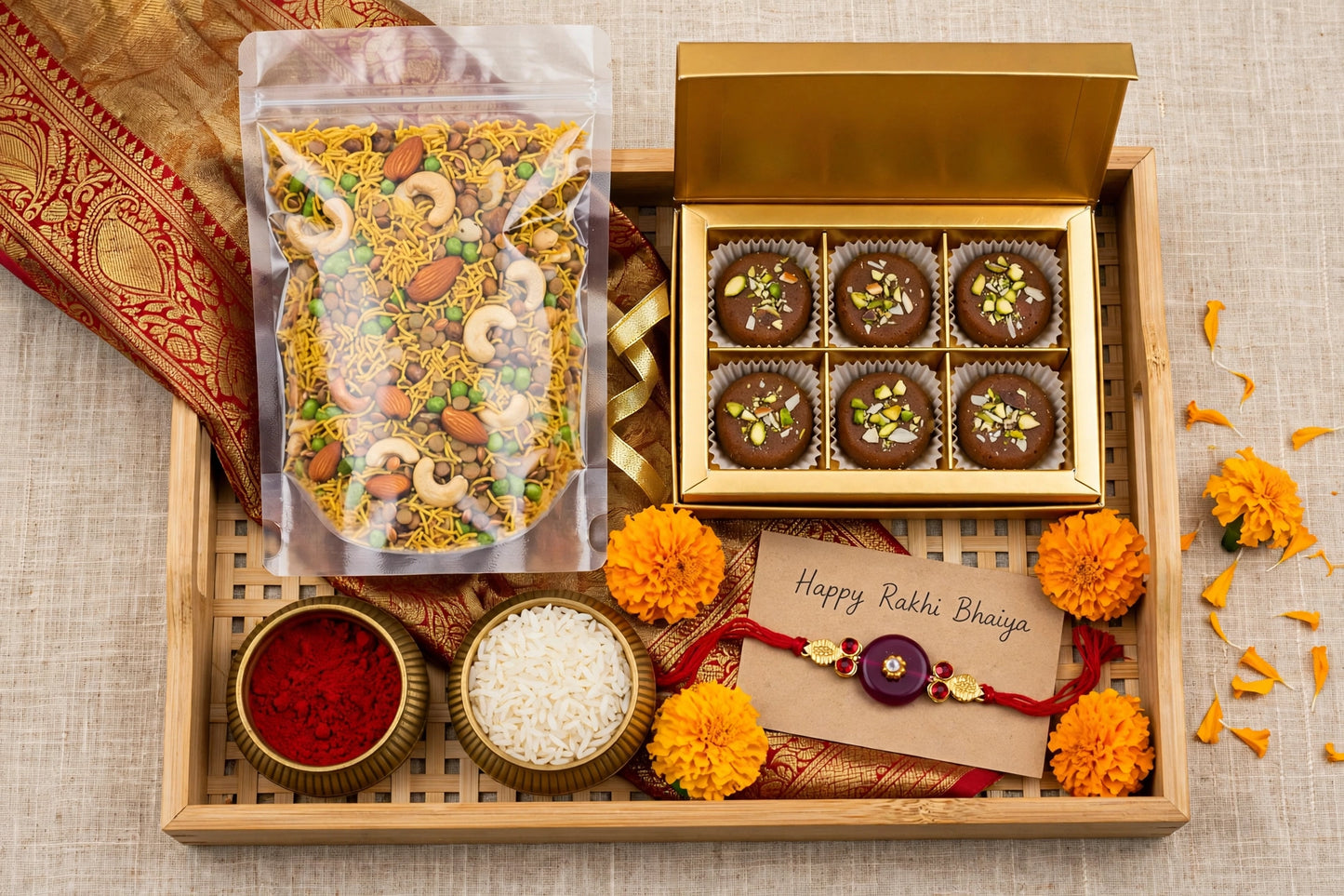 Banarasi Rakhi Bandhan Box – Laal Peda, Mewa Dalmoth & Rakhi
