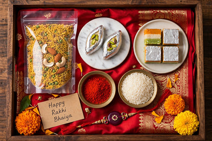 Swaad-e-Banaras Rakhi Hamper Box – Banarasi Sweets, Mewa Dalmoth & Rakhi